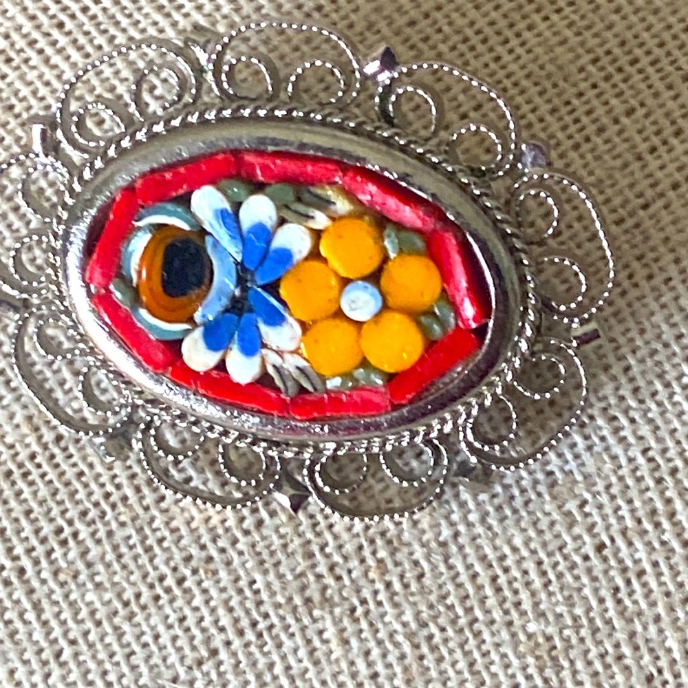 Vintage Micro Mosaic Filigree Edge Broach